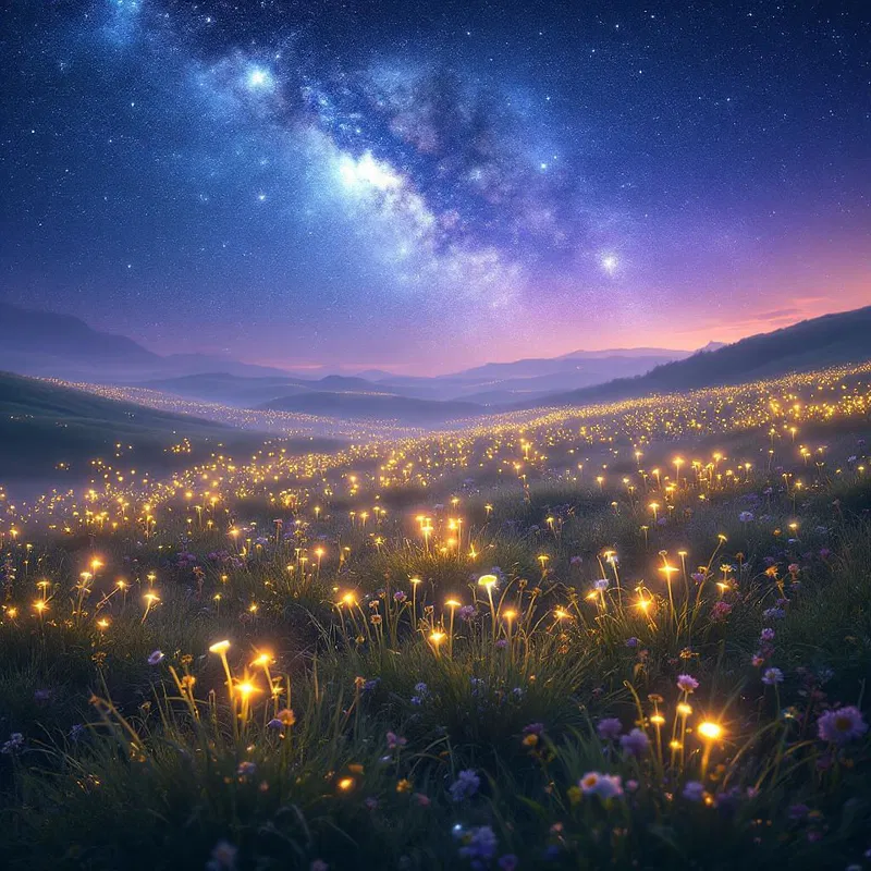 Ghostly meadow under a starry sky with ethereal lights.