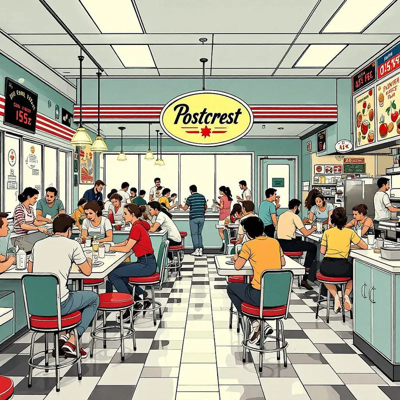 Retro diner illustration displaying Postcrest branding