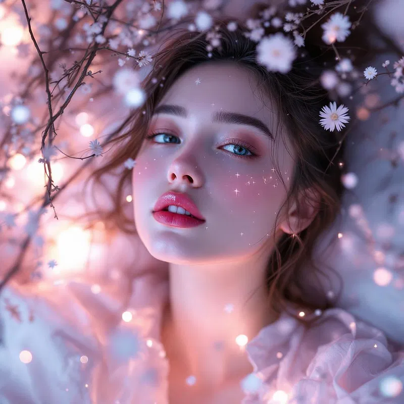 Dreamlike AI selfie with ethereal elements and soft hues.