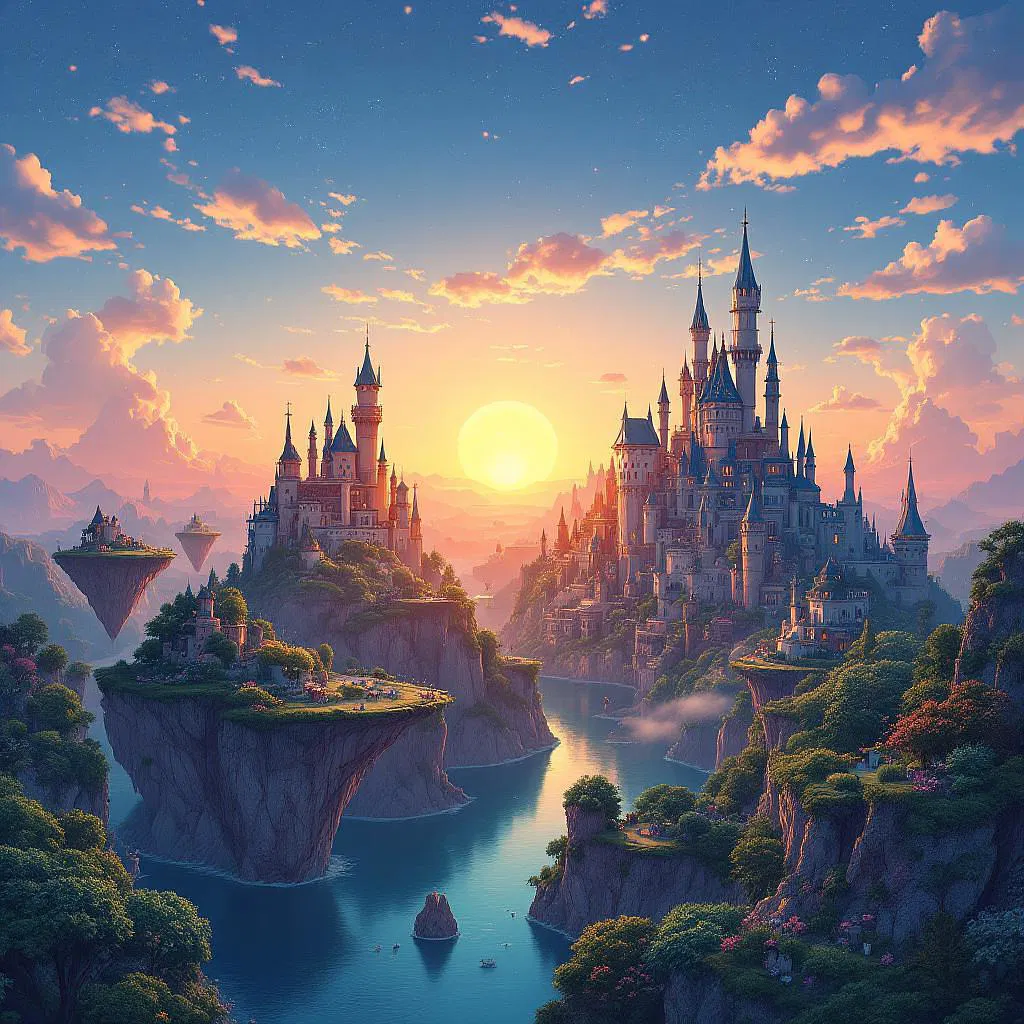 City skyline with whimsical, fantasy elements.