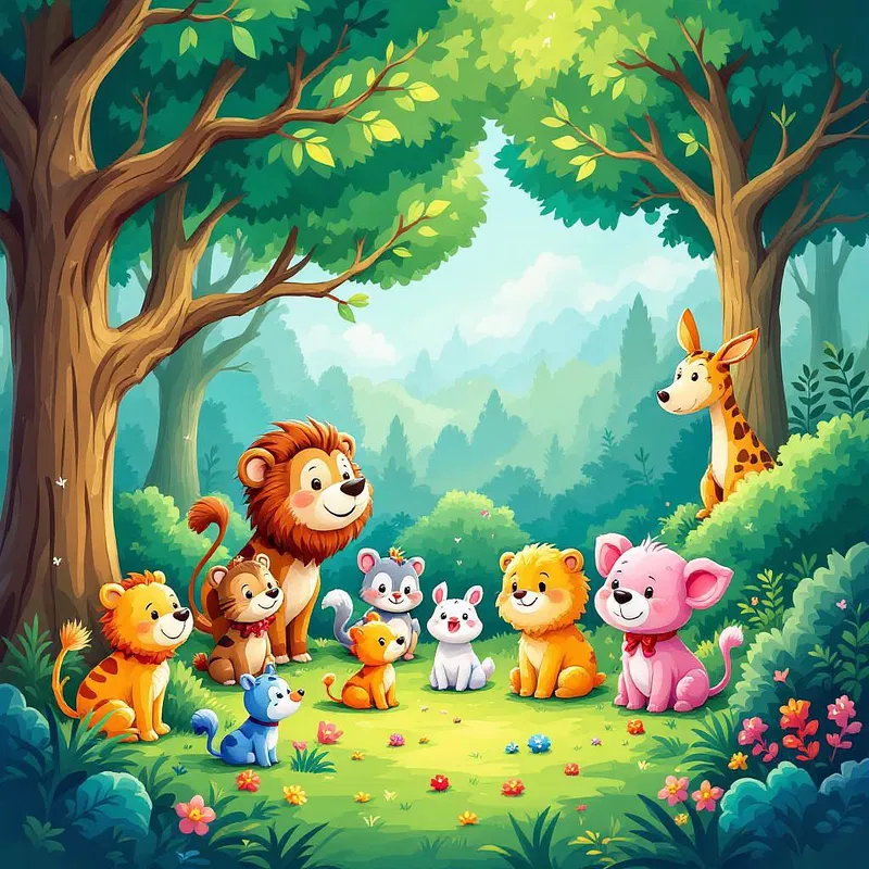 Children's book cover with playful animals in a forest