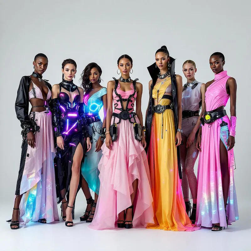 Group of models adorned in cyberpunk-inspired evening wear.