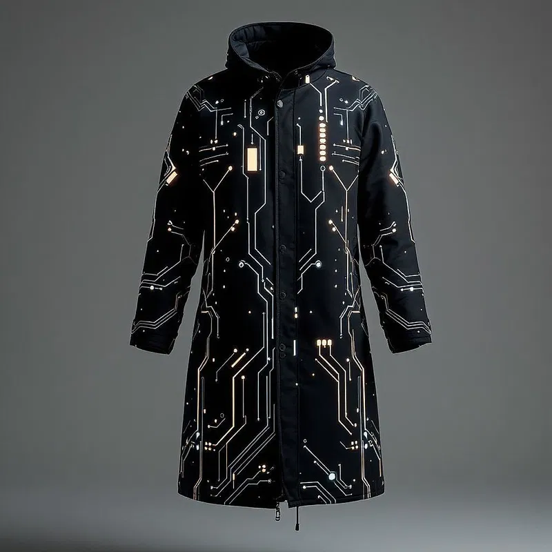 Cyberpunk-inspired coat with a glowing circuit pattern.