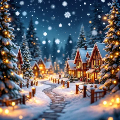 AI captured magical snowfall in a Christmas village setting.
