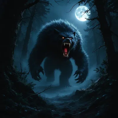 a terrifying beast roaring in a forest