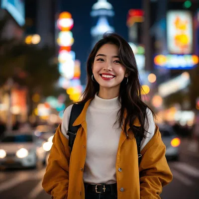 Smiling Asian woman in a modern urban setting