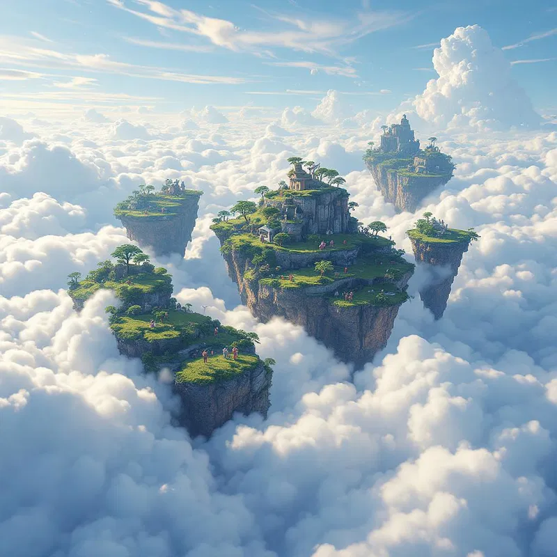 Sky islands above a sea of clouds with mythical creatures.