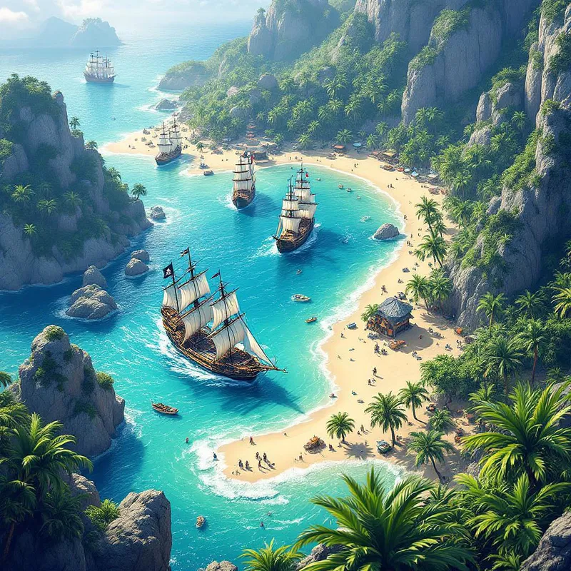 Tropical island with pirate ships