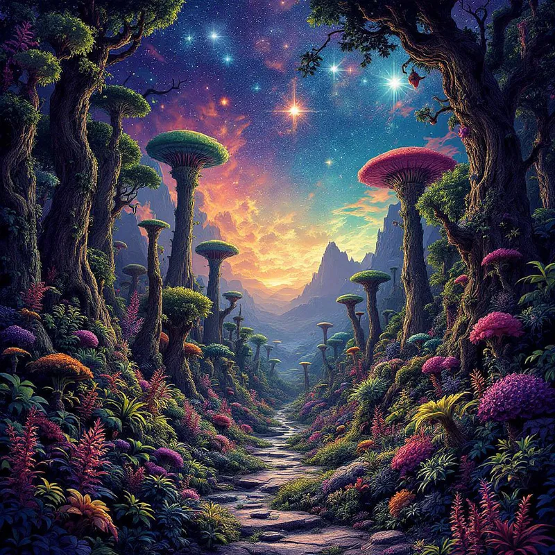 Lush alien forest under a vivid sky