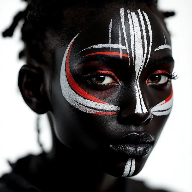 Minimal lines and bold tones in tribal face paint