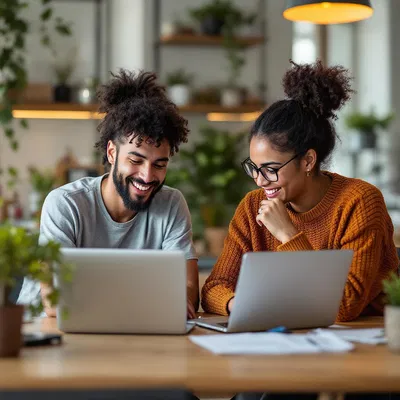 Couple of digital nomads working together in a shared co-working space