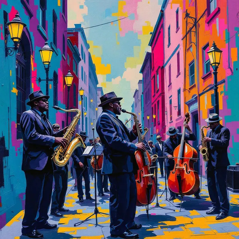 AI-generated oil painting of a group of lively musicians