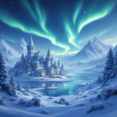 Icy fantasy world with Northern Lights and frozen castles.