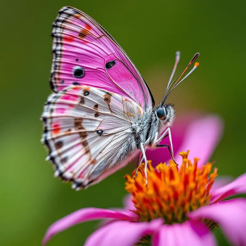 Detailed pink fever butterfly on a flower.