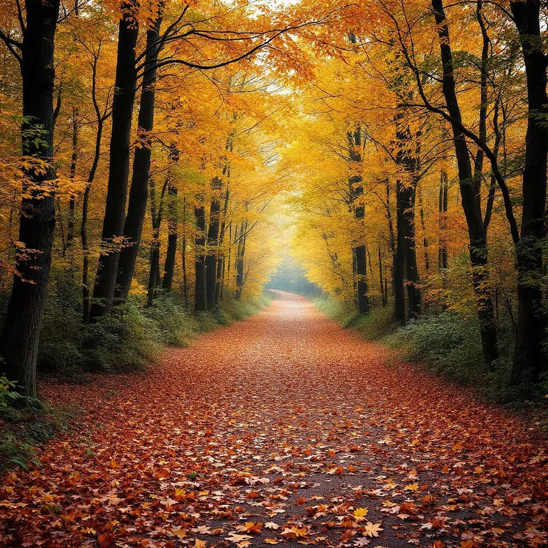 A forest pathway blanketed in autumn leaves