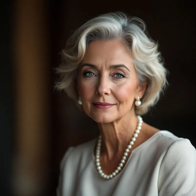 AI headshot of a senior woman with pearls.