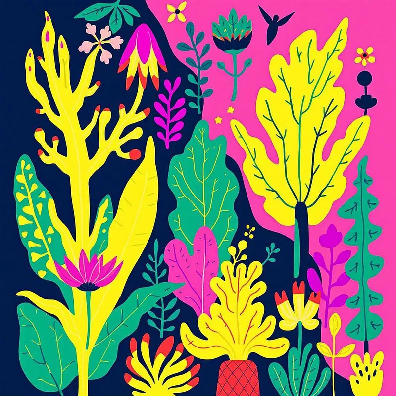 Stylized botanical art with neon colors