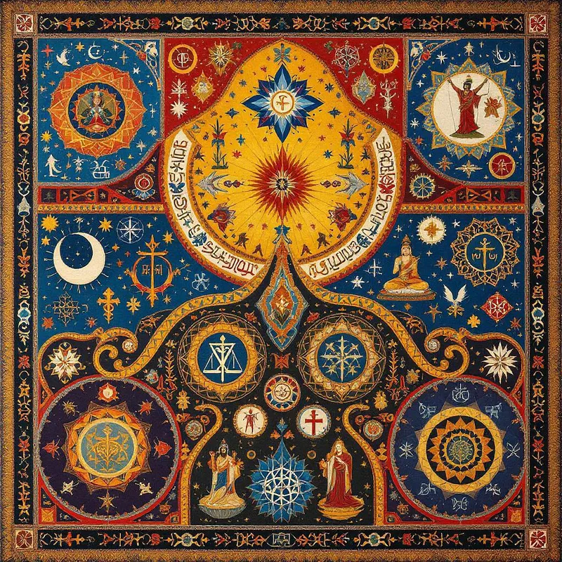 Spiritual tapestry with symbols of various faiths