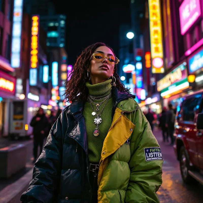 Contemporary street style photo by AI, illustrating neon-lit urban environments