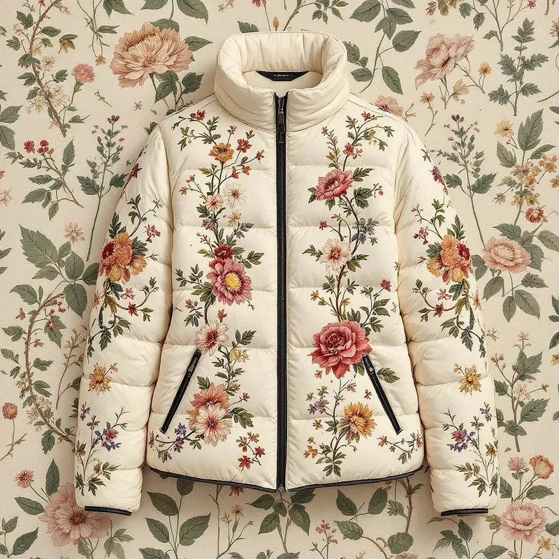 Chic puffer jacket with floral embroidery