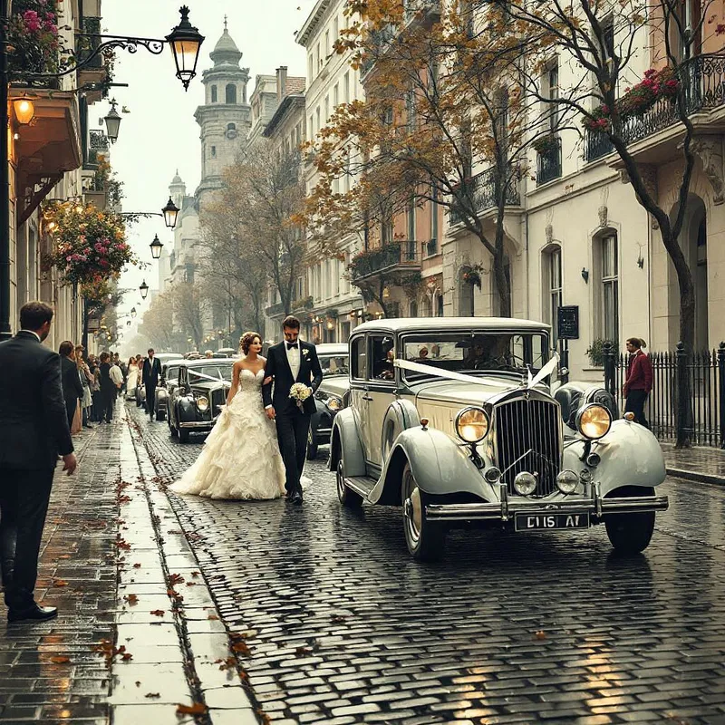 AI-styled vintage wedding car procession