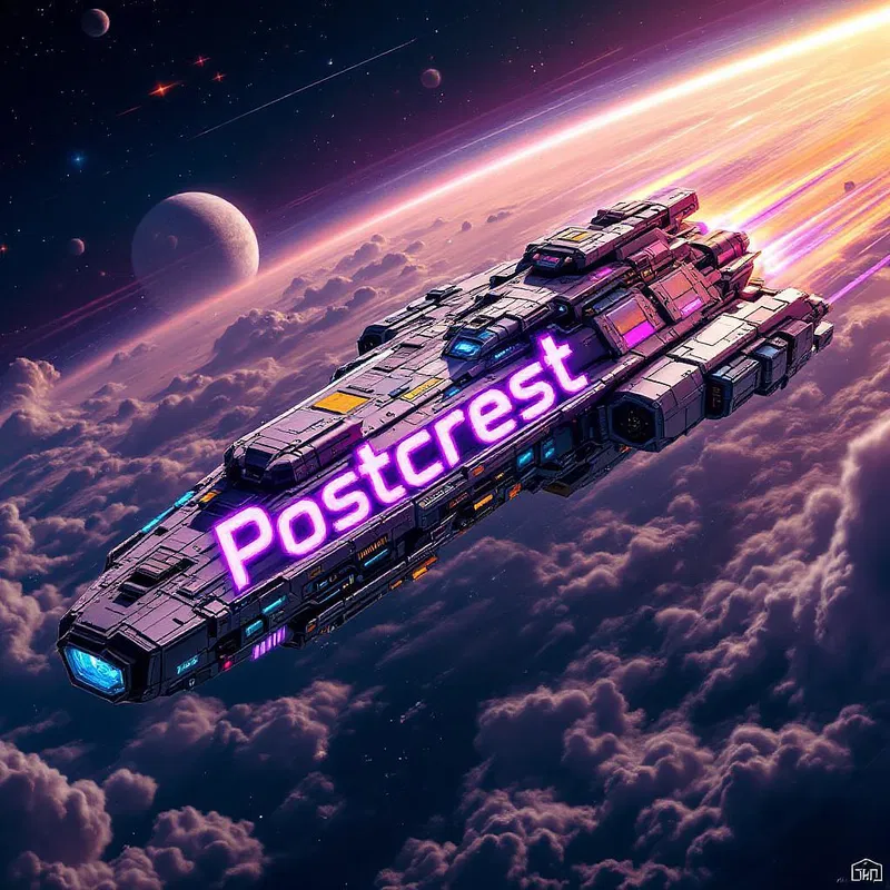 Sci-fi spaceship with futuristic design and Postcrest branding