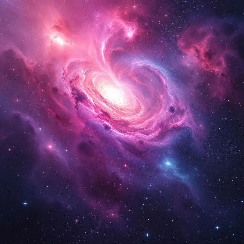 Pink fever galaxy with swirling nebulae.