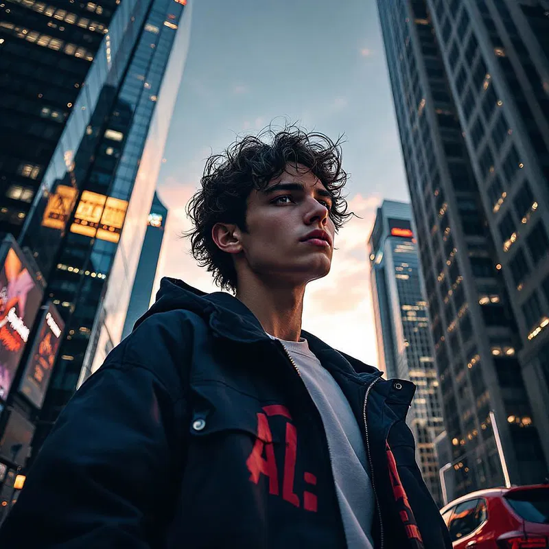 Dramatic AI-generated street style portrait amid city skyscrapers