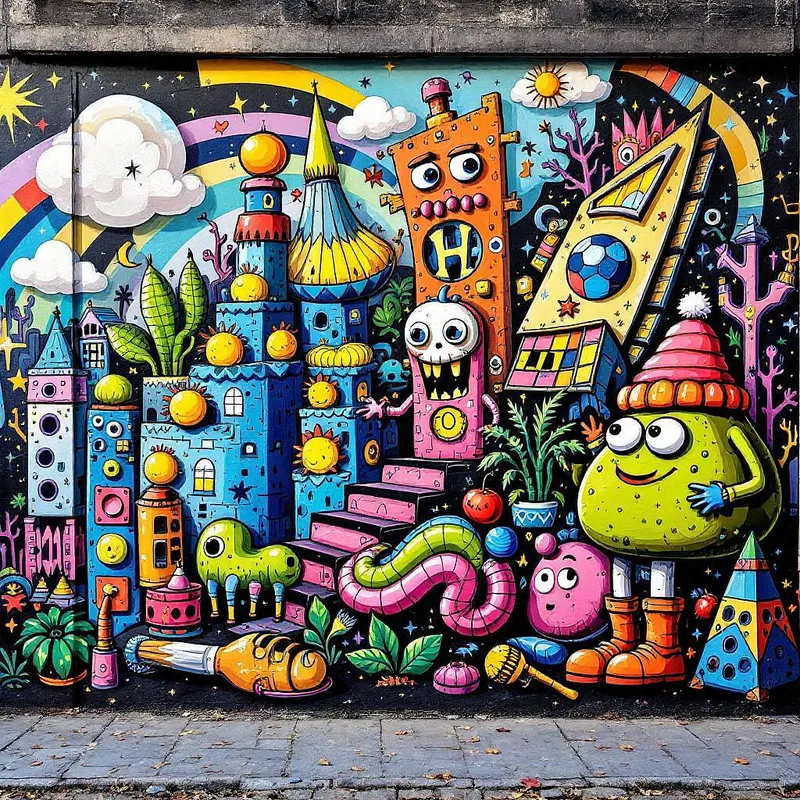 Whimsical urban street art with playful colors