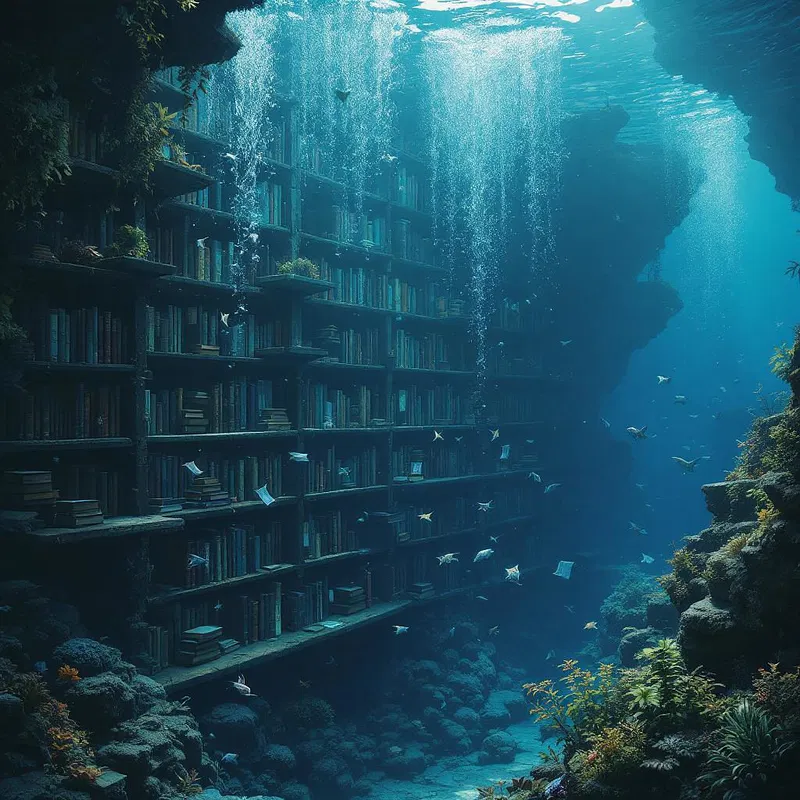 Underwater library with AI imagined floating books