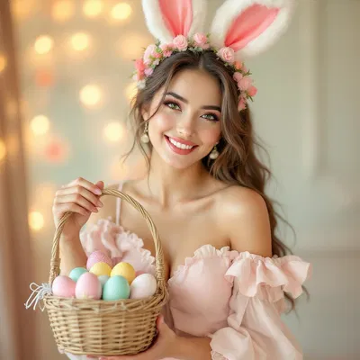 Flirtatious woman in Easter-themed attire