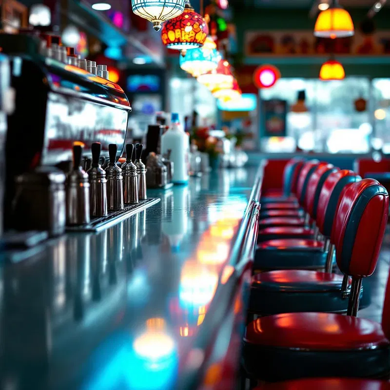 1950s diner counter with soda fountain and stools