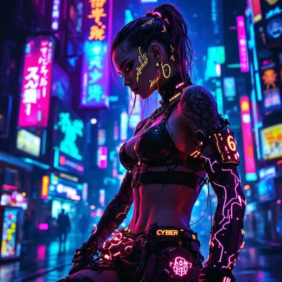 Vibrant neon cityscape with futuristic figure