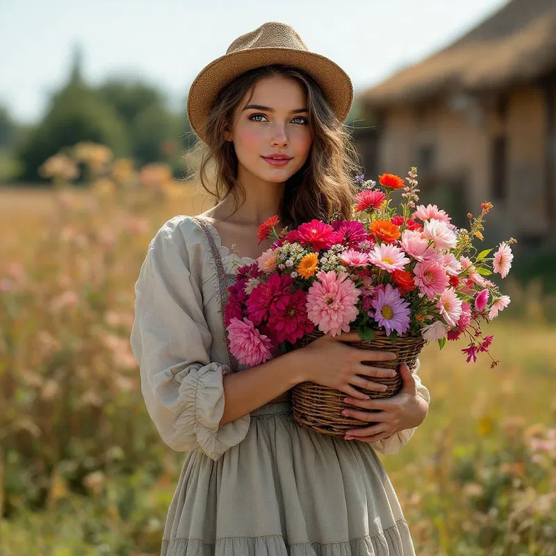 Peasant girl with a basket of flowers in Renaissance painting