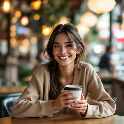 Young woman holding a coffee cup and smiling at a cafe