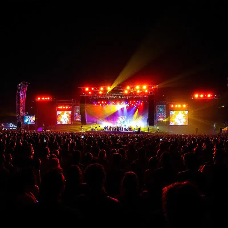 Outdoor nighttime music festival with lights