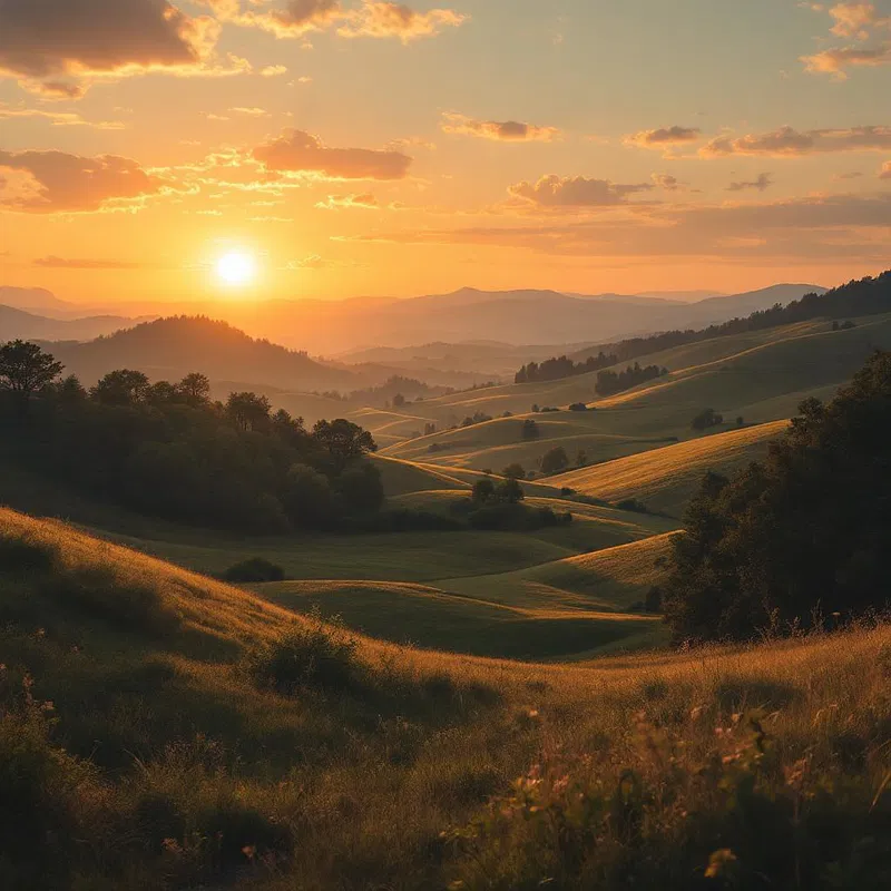 A rustic countryside in golden hour