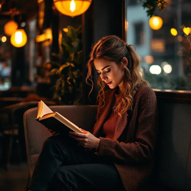 Woman enjoying a book in a cozy cafe corner