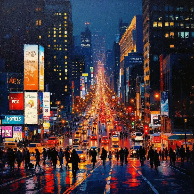 AI-generated oil painting of a bustling New York street