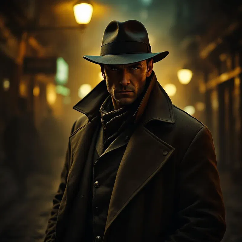 Classic detective cosplay in noir style