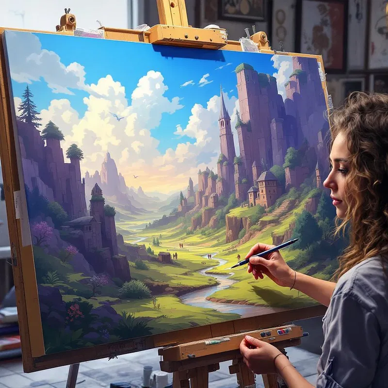 Artist using Postcrest AI for fantasy landscape creation.