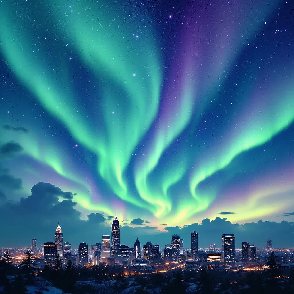 City skyline with northern lights in the background.