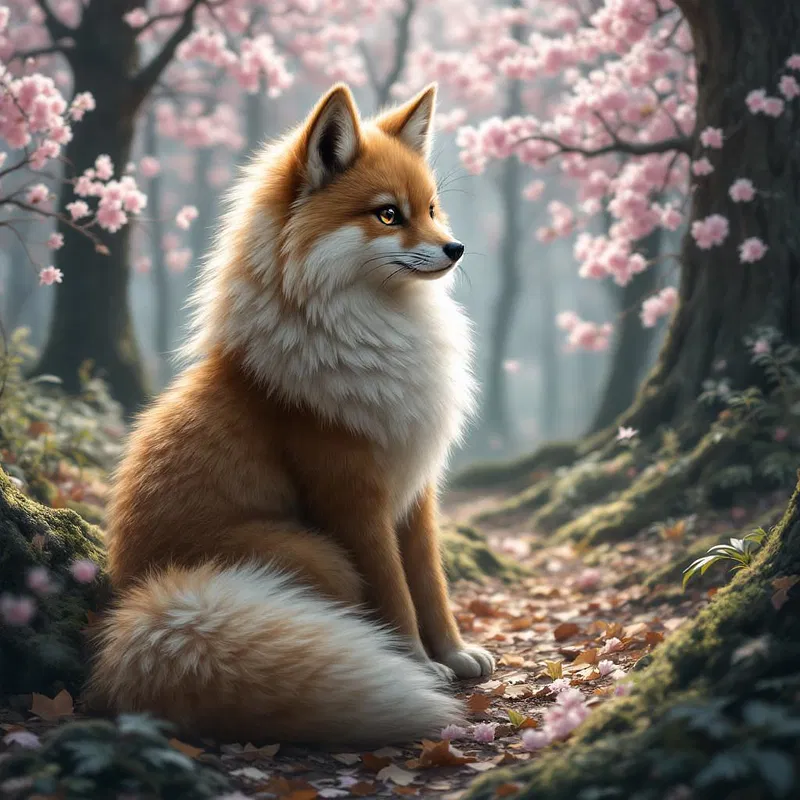 A sly kitsune with multiple tails in a Japanese forest.