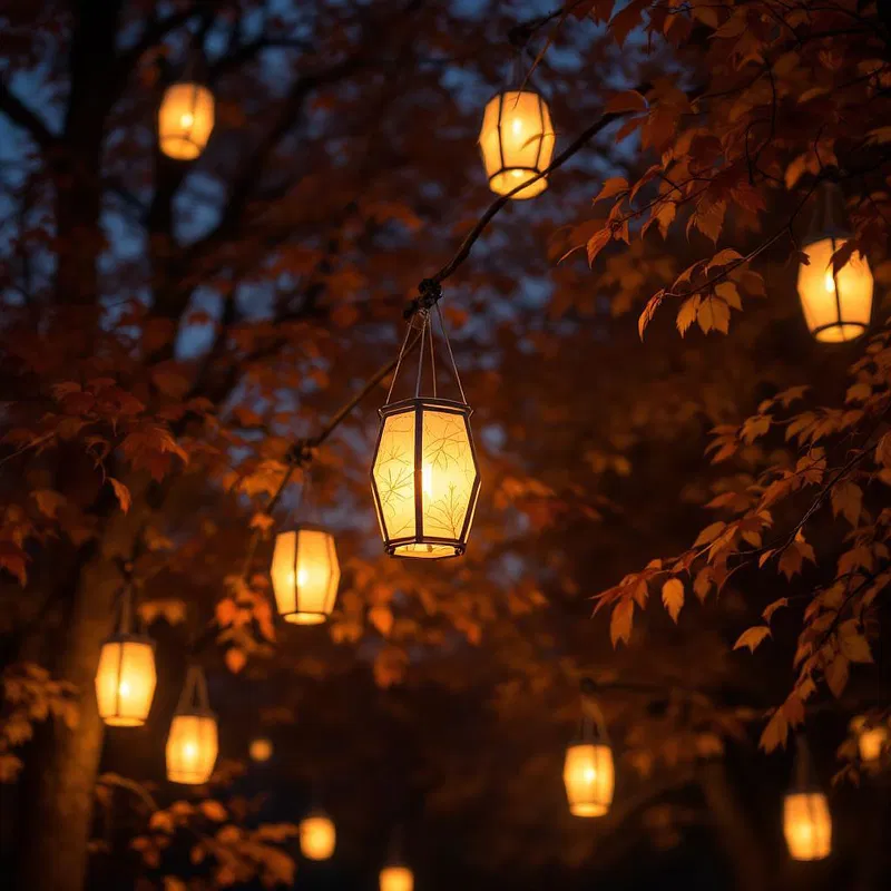 Cozy autumn evening with glowing lanterns