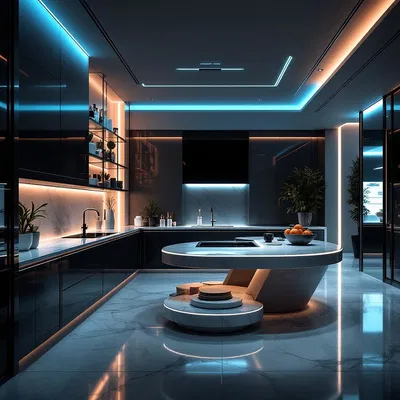 Luxury kitchen with futuristic AI design elements.