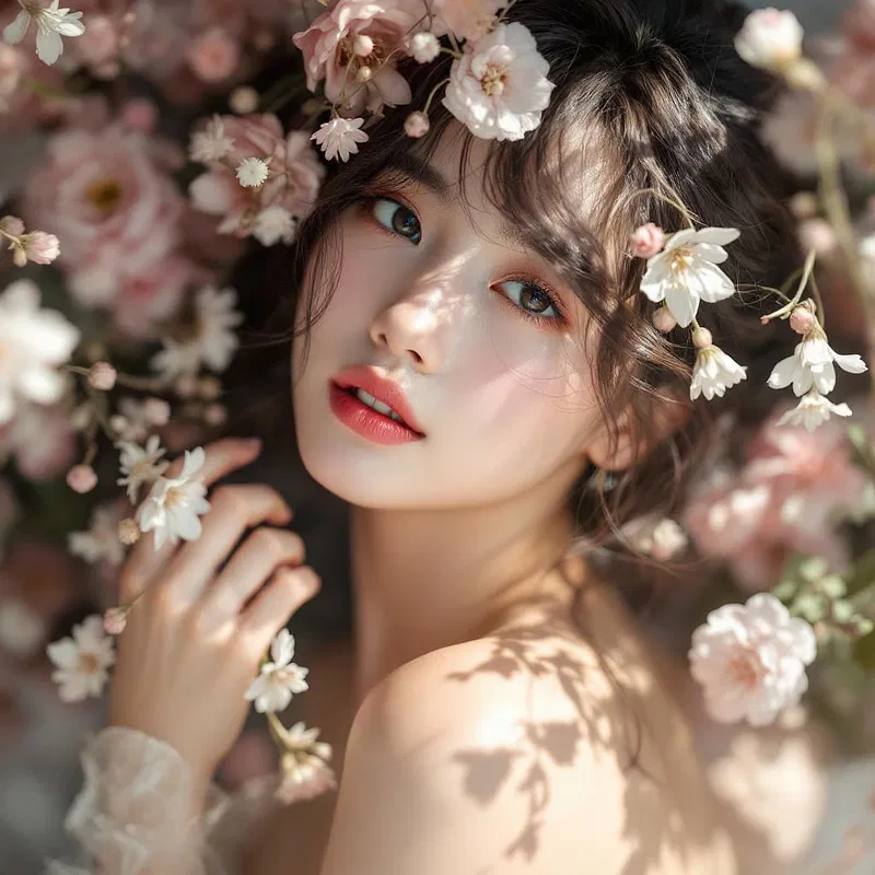 Elegant portrait of an Asian woman with flowers