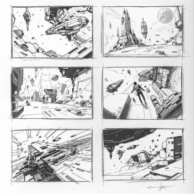 Storyboard sketch of a space adventure