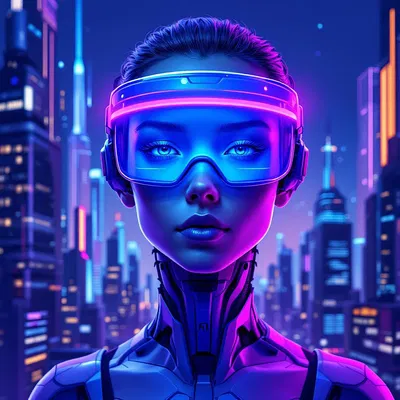 Cyberpunk AI avatar with cityscape