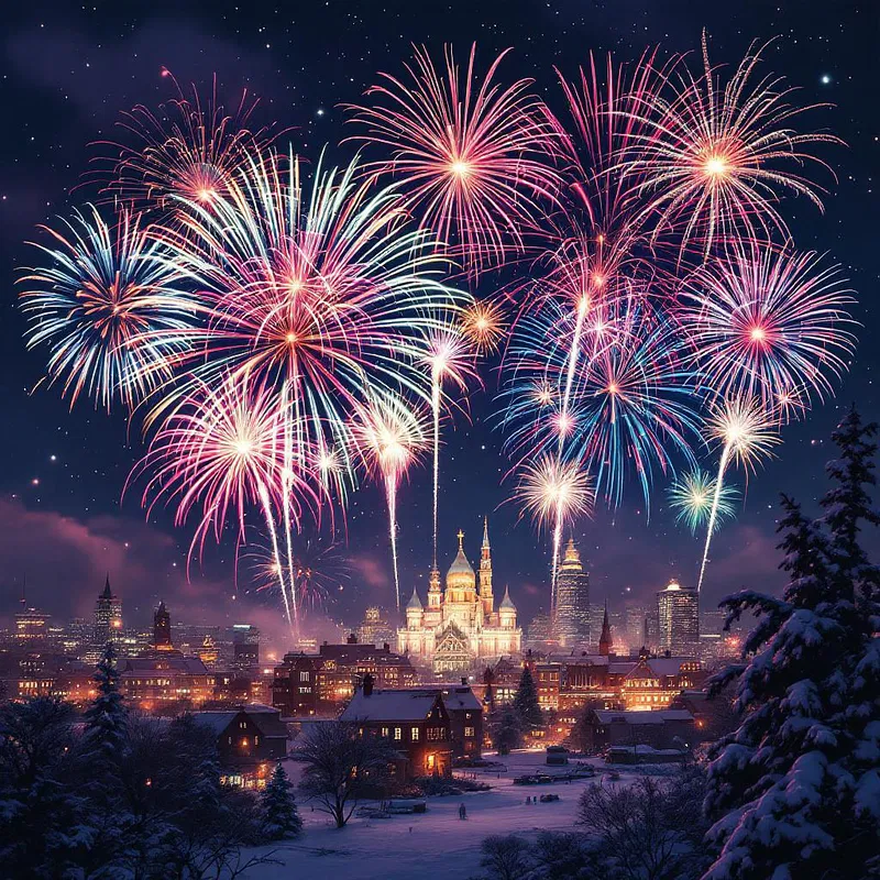 Christmas-themed fireworks over a city