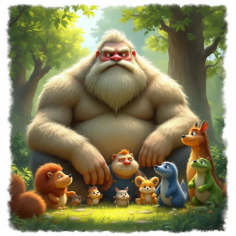 Gentle giant character surrounded by forest creatures